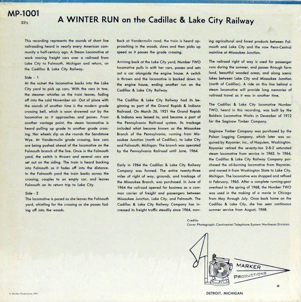 Cadillac and Lake City Rail - Souvenir Record